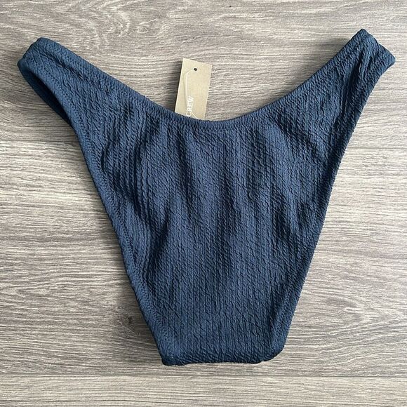 J.CREW Textured Cheeky Bikini Bottom XS Midnight Blue Curved Waist High Cut NWT - Picture 3 of 6